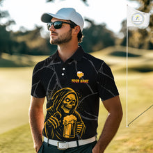 Load image into Gallery viewer, Golf and beer Mens golf polo shirt Custom black and gold skull mens golf attire Halloween golf outfit NQS10519