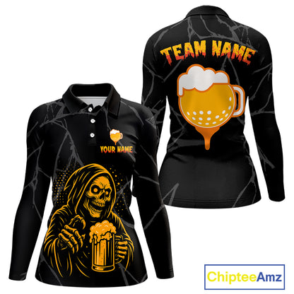 Golf and beer Women golf polo shirt Custom black and gold skull ladies golf attire Halloween outfit NQS10519
