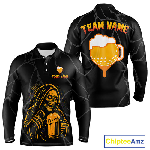 Golf and beer Mens golf polo shirt Custom black and gold skull mens golf attire Halloween golf outfit NQS10519