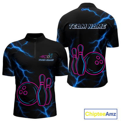 Blue lightning thunder pink neon Bowling Polo, Quarter Zip Shirts For Men Custom Bowling Team Jersey NQS10181