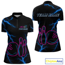 Load image into Gallery viewer, Blue lightning thunder pink neon Bowling Polo, Quarter Zip Shirt For Women Custom Bowling Team Jersey NQS10181