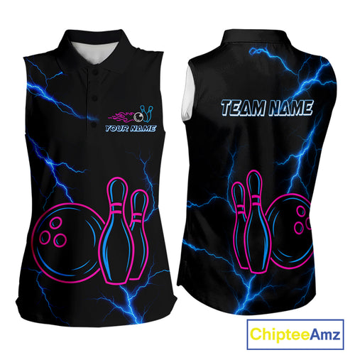 Blue lightning thunder pink neon Bowling sleeveless Polo shirt Custom Bowling Team Jerseys NQS10181