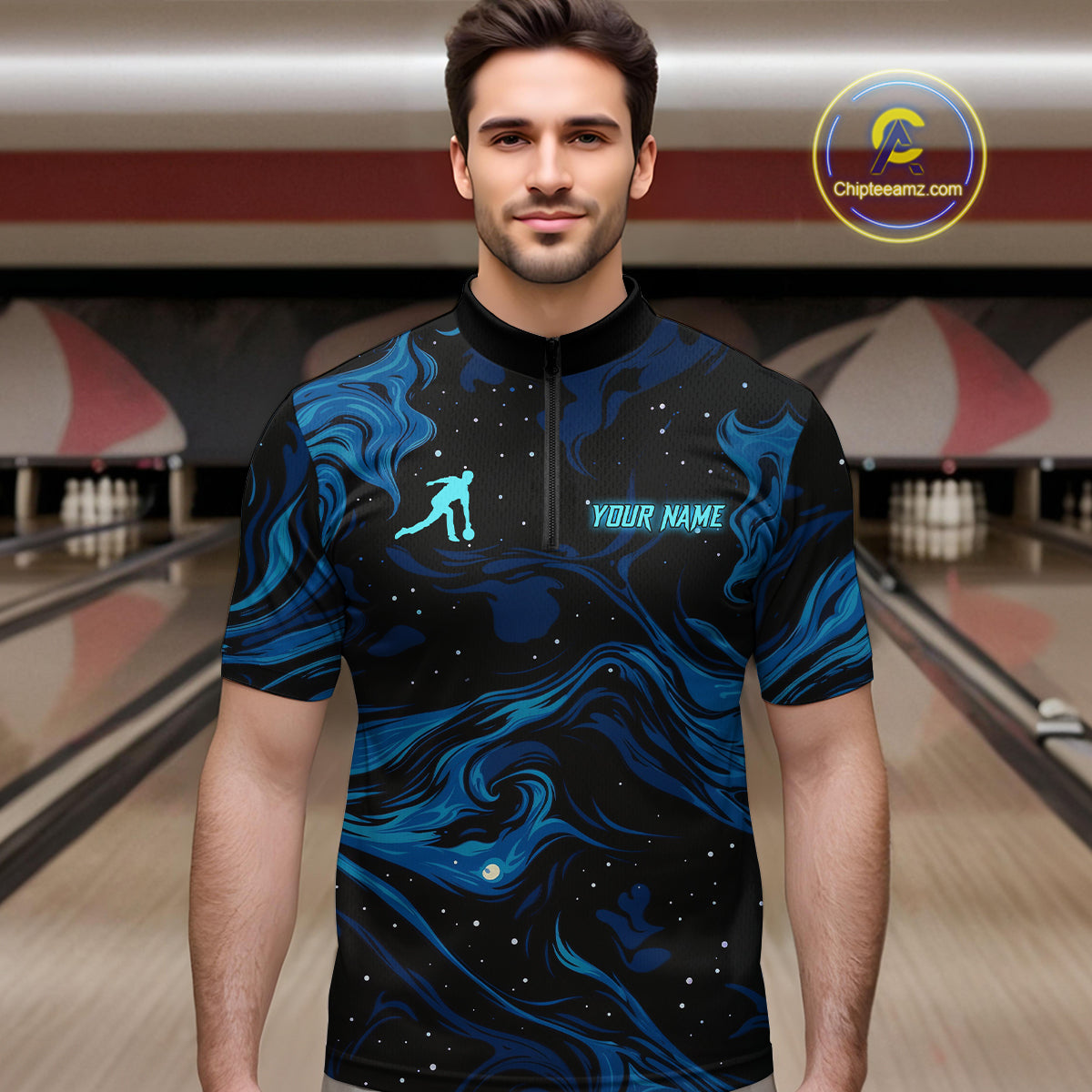 Blue Butterflies Bowling Polo, Quarter-Zip Shirts For Men Custom Team Bowling League Jersey NQS10578