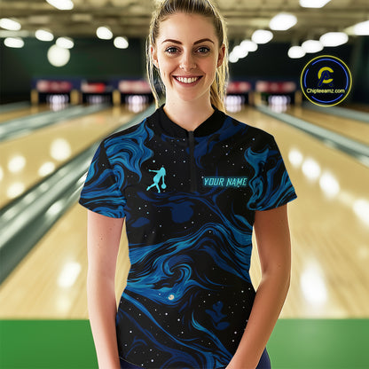 Blue Butterflies Bowling Polo, Quarter-Zip Shirts For Women Custom Team Bowling League Jersey NQS10578