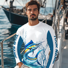 Load image into Gallery viewer, Blue and White Marlin fishing compass Custom name sun protection Marlin fishing tournament shirts NQS10581