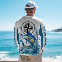Load image into Gallery viewer, Blue and White Marlin fishing compass Custom name sun protection Marlin fishing tournament shirts NQS10581