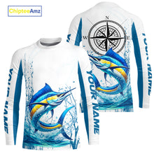 Load image into Gallery viewer, Blue and White Marlin fishing compass Custom name sun protection Marlin fishing tournament shirts NQS10581