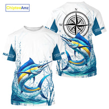 Load image into Gallery viewer, Blue and White Marlin fishing compass Custom name sun protection Marlin fishing tournament shirts NQS10581