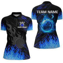 Load image into Gallery viewer, Personalized black and blue Flame bowling Polo, Quarter Zip shirts for Women, custom bowling jerseys NQS7735