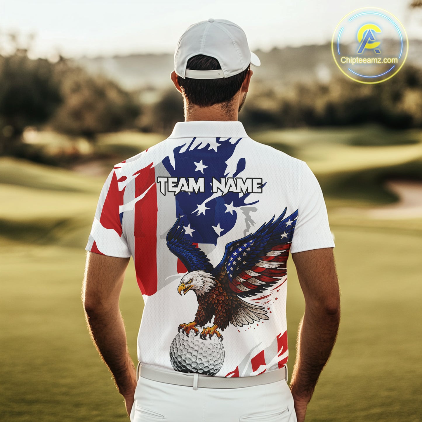 Red, White and Blue American Flag Eagle Mens Golf Polo Shirts Custom Patriotic Golf attire For Men NQS10640