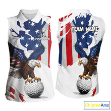 Load image into Gallery viewer, Red, White &amp; Blue American Flag Eagle Women Sleeveless Polo Shirt Custom Patriotic Ladies Golf attire NQS10640