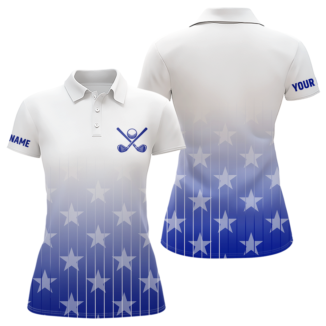 Personalized blue stars pattern white golf polos shirts for women custom gifts for the golfer NQS9965