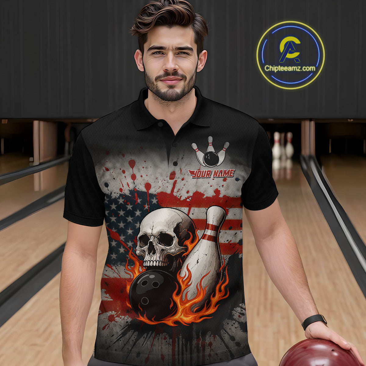 Personalized American Flag Flame Skull Bowling Shirts For Men Custom Patriotic Bowling Team Jersey NQS10462