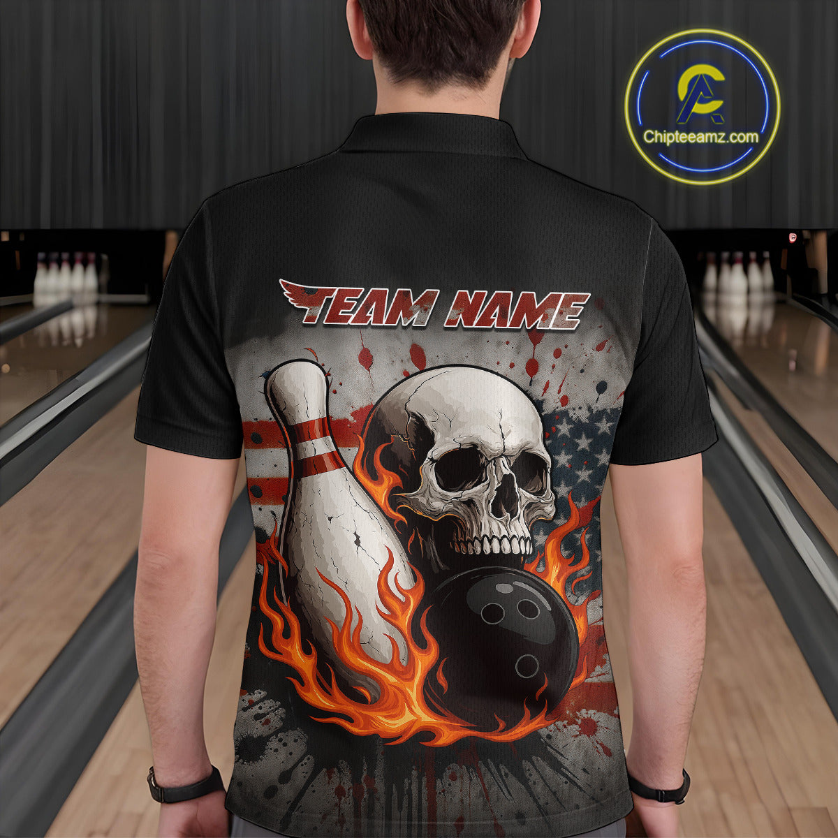 Personalized American Flag Flame Skull Bowling Shirts For Men Custom Patriotic Bowling Team Jersey NQS10462