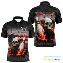 Load image into Gallery viewer, Personalized American Flag Flame Skull Bowling Shirts For Men Custom Patriotic Bowling Team Jersey NQS10462
