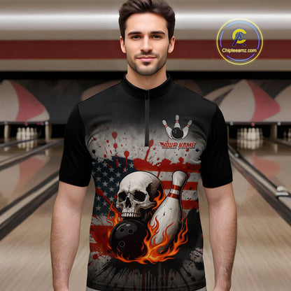 Personalized American Flag Flame Skull Bowling Shirts For Men Custom Patriotic Bowling Team Jersey NQS10462