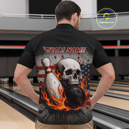 Personalized American Flag Flame Skull Bowling Shirts For Men Custom Patriotic Bowling Team Jersey NQS10462