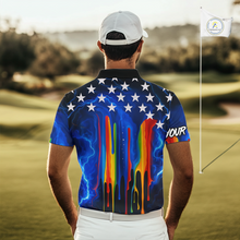 Load image into Gallery viewer, Blue lightning thunder rainbow American Flag Men golf polo shirts Custom patriotic mens golf outfit NQS10154