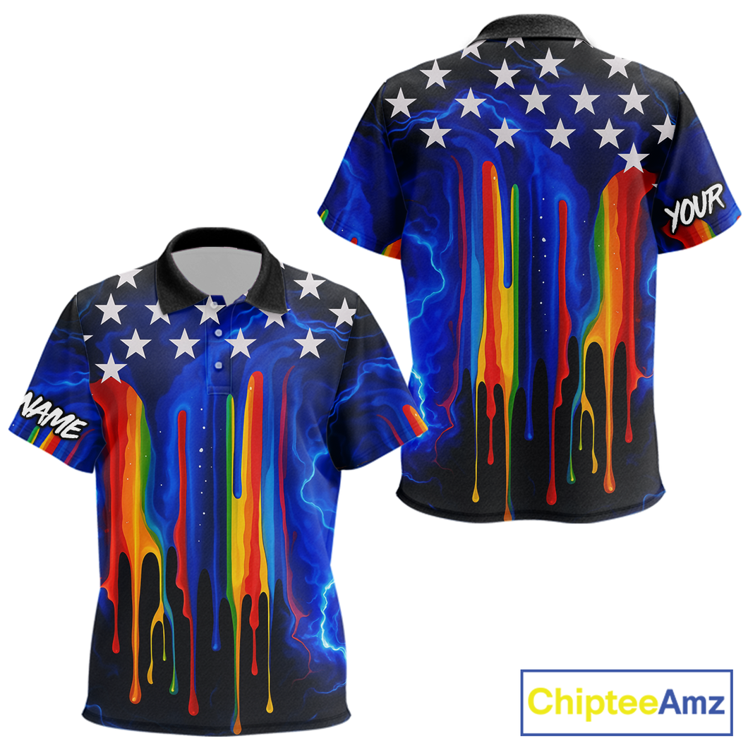 Blue lightning thunder rainbow American Flag Kid golf polo shirt Custom patriotic kid golf outfit NQS10154