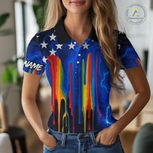 Load image into Gallery viewer, Blue lightning thunder rainbow American Flag Women golf polos Custom patriotic ladies golf outfit NQS10154
