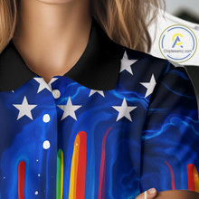 Load image into Gallery viewer, Blue lightning thunder rainbow American Flag Women golf polos Custom patriotic ladies golf outfit NQS10154