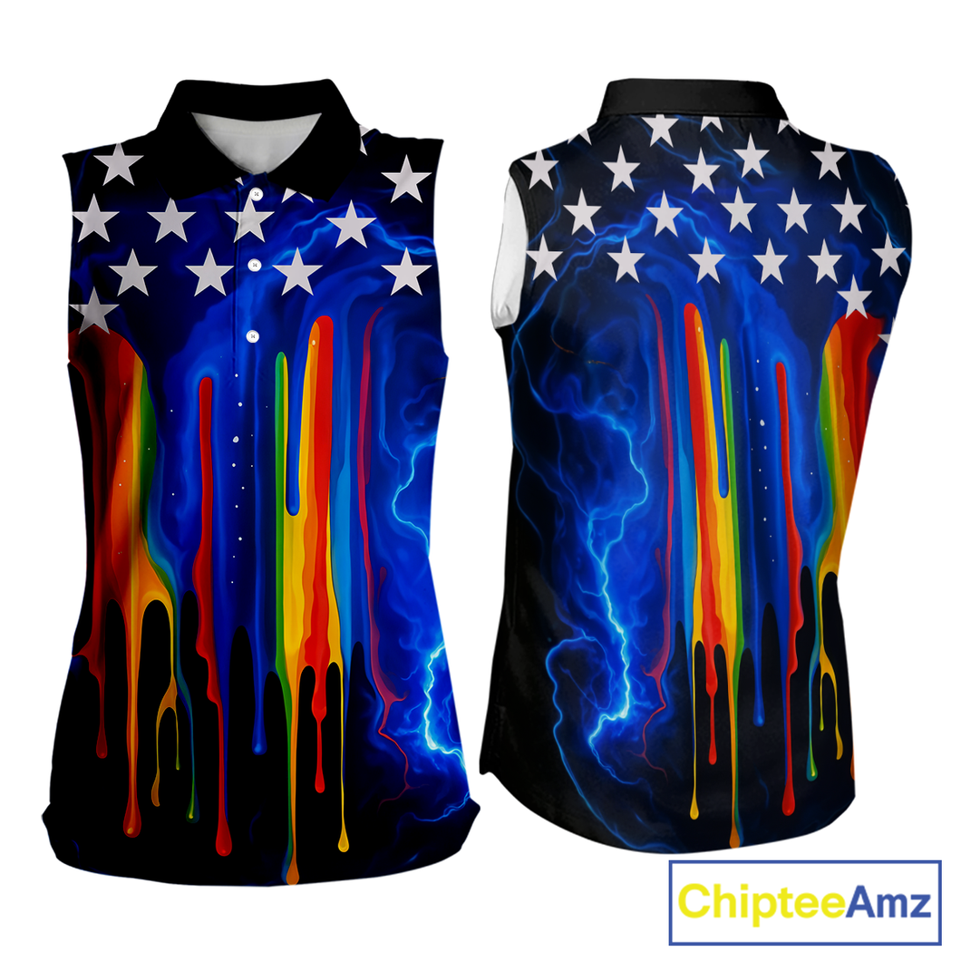 Blue lightning thunder rainbow American Flag Women sleeveless polo shirt, patriotic golf outfit NQS10154