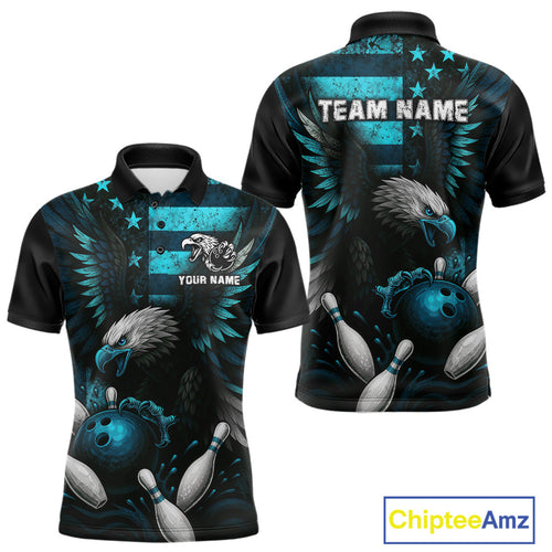 Custom Turquoise Vintage Us Flag Patriotic Eagle Bowling Shirt For Men, Retro Bowling Team Jerseys NQS10477