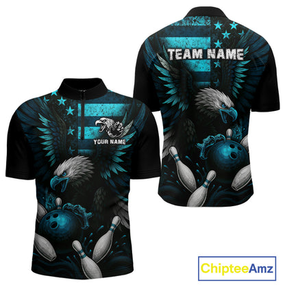 Custom Turquoise Vintage Us Flag Patriotic Eagle Bowling Shirt For Men, Retro Bowling Team Jerseys NQS10477