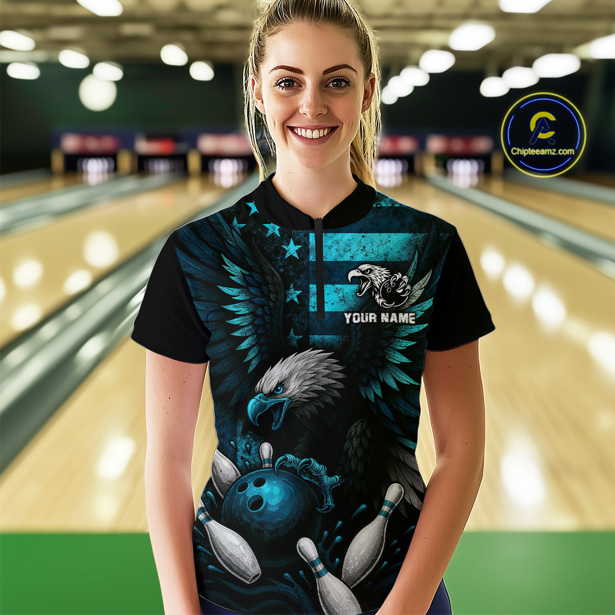 Custom Turquoise Vintage Us Flag Patriotic Eagle Bowling Shirt For Women, Retro Bowling Team Jerseys NQS10477