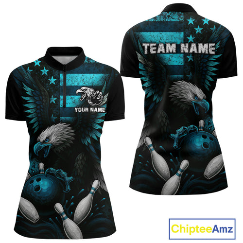 Custom Turquoise Vintage Us Flag Patriotic Eagle Bowling Shirt For Women, Retro Bowling Team Jerseys NQS10477