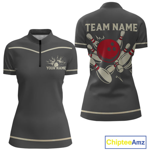 Custom Retro Bowling Polo, Quarter Zip Shirt for Women Personalized Vintage Team Bowling Jersey NQS10505