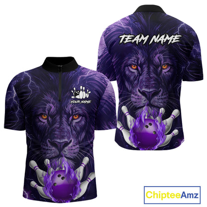 Purple Lightning thunder Flame Lion Bowling Polo, 1/4 Zip shirts for Men Custom bowling team jerseys NQS10175