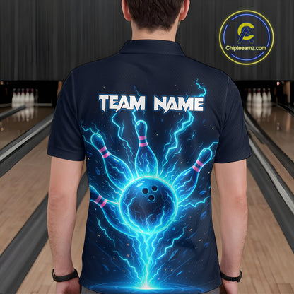 Blue Lightning Thunder Bowling Polo, Quarter Zip Shirts for Men Custom Team Bowling Shirts NQS10520