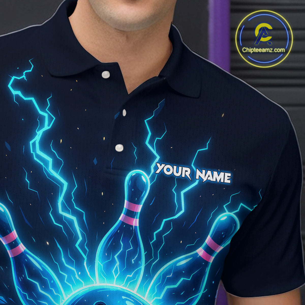 Blue Lightning Thunder Bowling Polo, Quarter Zip Shirts for Men Custom Team Bowling Shirts NQS10520