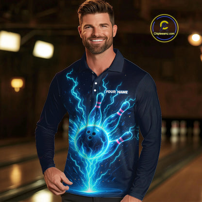 Blue Lightning Thunder Bowling Polo, Quarter Zip Shirts for Men Custom Team Bowling Shirts NQS10520