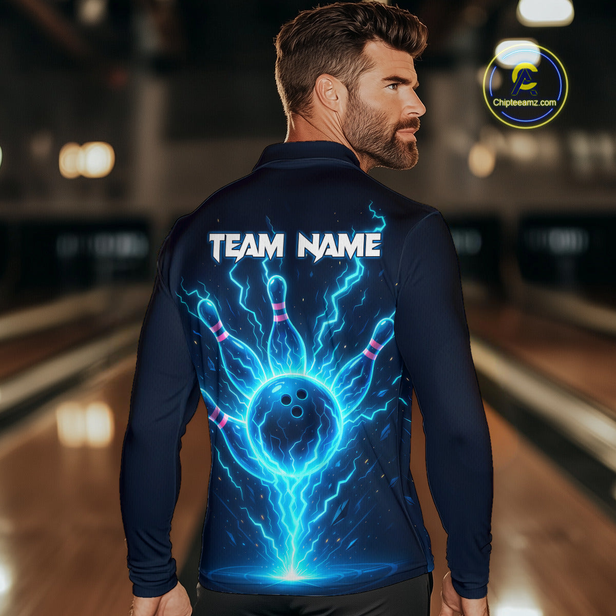 Blue Lightning Thunder Bowling Polo, Quarter Zip Shirts for Men Custom Team Bowling Shirts NQS10520