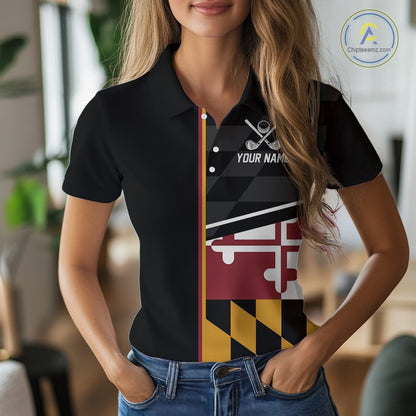Maryland Flag black Women golf polo shirt Custom Patriotic Ladies Golf attire For team, golfing gifts NQS10188