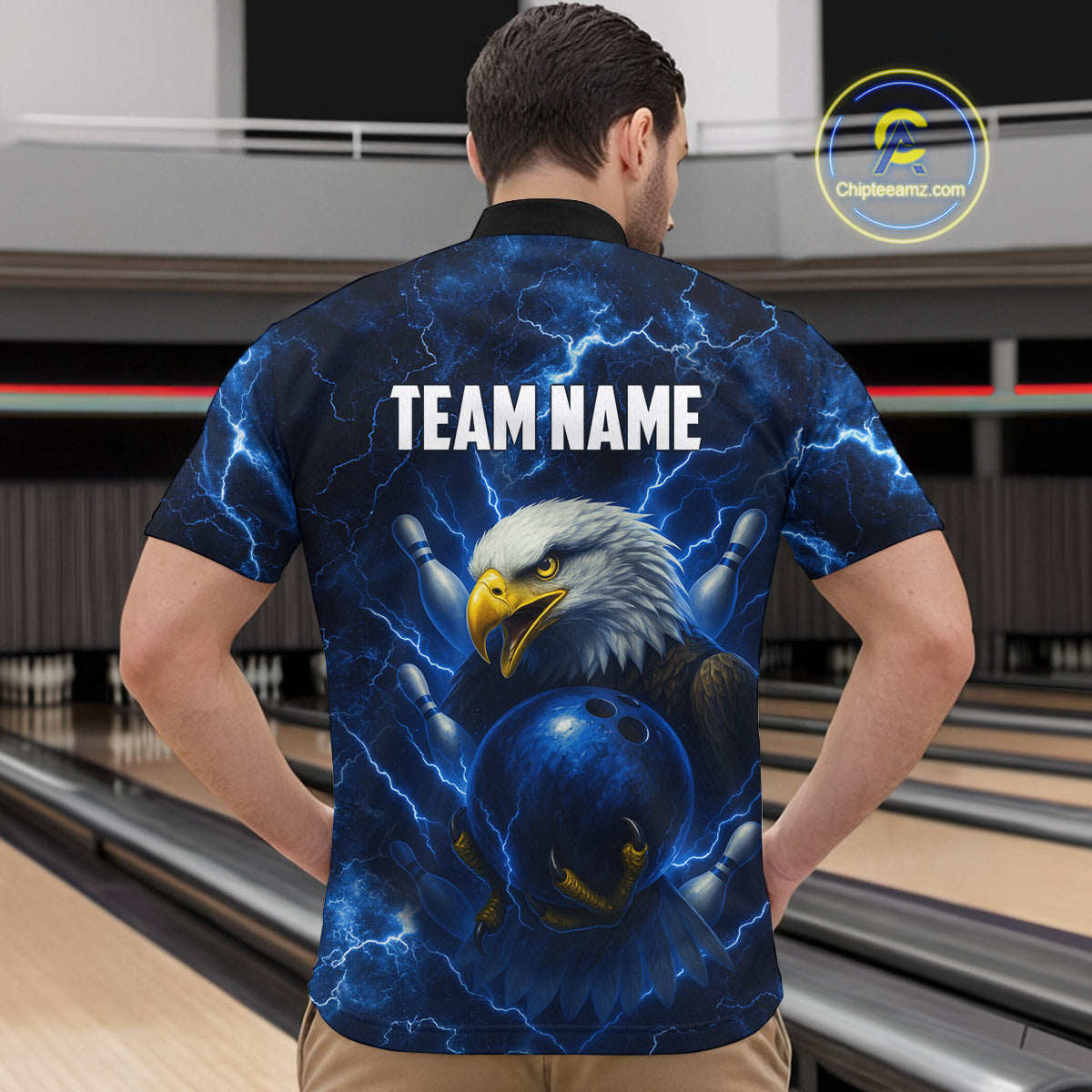 Mens bowling shirts Custom Eagle blue lightning thunder Bowling Team Jersey, gift for Bowlers NQS10336