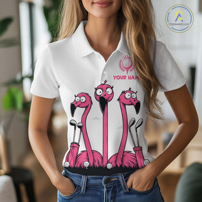 Funny pink flamingo friends white Women golf polo shirts Custom flamingo golf outfits for ladies NQS10201