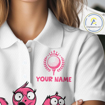 Funny pink flamingo friends white Women golf polo shirts Custom flamingo golf outfits for ladies NQS10201