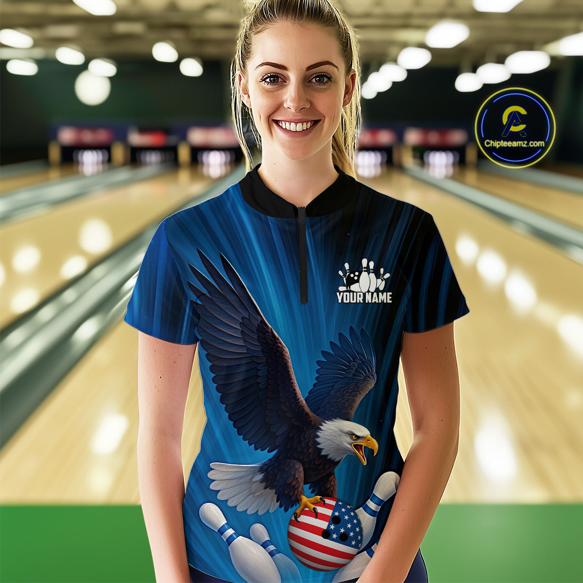 Blue Light Eagle American Flag Women Bowling Polo, 1/4 Zip Shirt Custom Patriotic Team Bowling jersey NQS10350