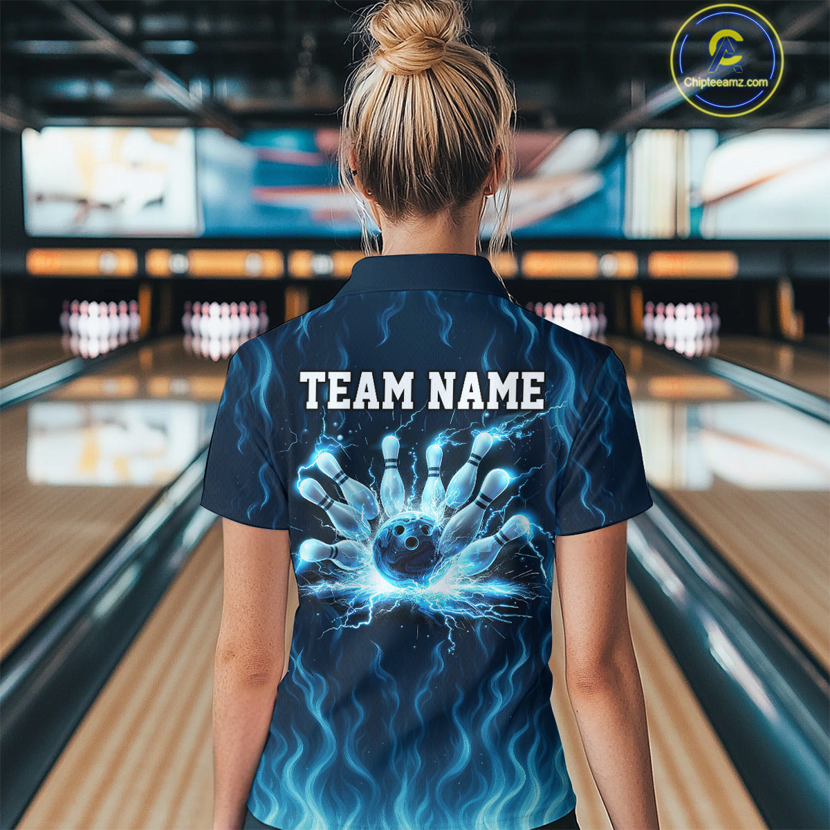 Blue flame lightning thunder Bowling polo, quarter zip shirts for Women custom Bowling team jerseys NQS10387