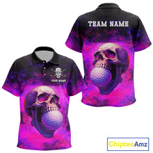 Load image into Gallery viewer, Custom Pink Flame Golf skull Halloween Kid golf polo shirt, Personalized Team Skull golf outfit NQS10400