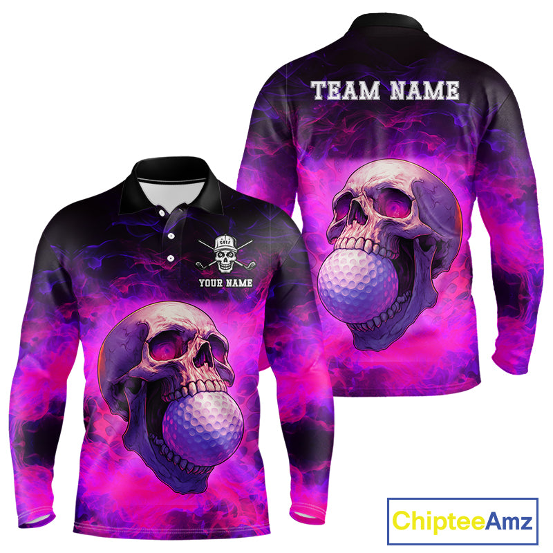 Custom Pink Flame Golf skull Halloween Mens golf polo shirt, Personalized Team Skull golf outfit NQS10400