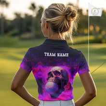 Load image into Gallery viewer, Custom Pink Flame Golf skull Halloween Women golf polo shirt, Personalized Team Skull golf outfit NQS10400