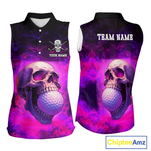 Custom Pink Flame Golf skull Halloween Sleeveless polo shirt, Personalized Team Skull golf outfit NQS10400