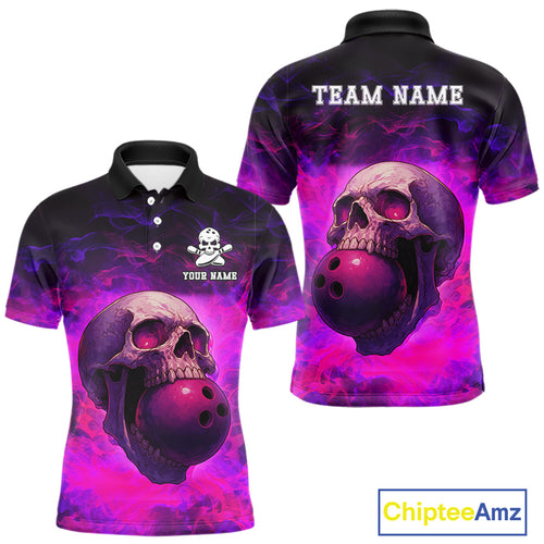 Custom Pink Flame Skull Halloween Bowling Shirts For Men, Personalized Team Bowling Jersey outfit NQS10401