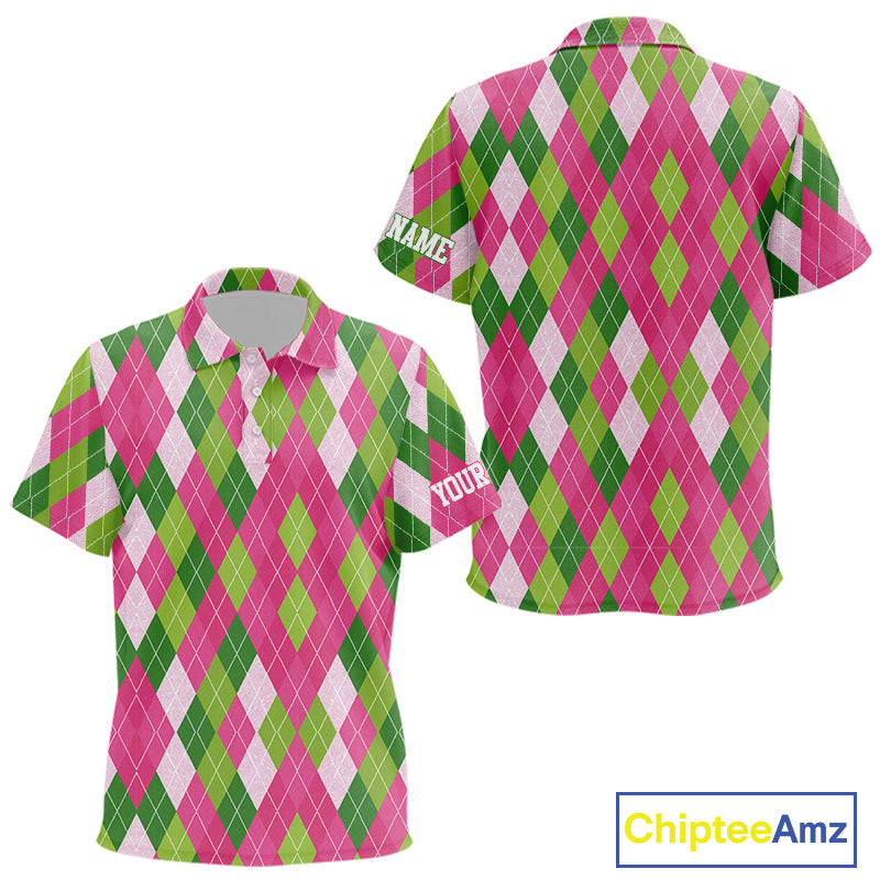 Pink and Green argyle pattern Kid golf polo shirt custom golf jerseys, personalized golf apparel NQS10408