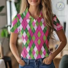 Load image into Gallery viewer, Pink and Green argyle pattern Women golf polo shirt custom golf jerseys, personalized golf apparel NQS10408