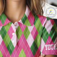 Load image into Gallery viewer, Pink and Green argyle pattern Women golf polo shirt custom golf jerseys, personalized golf apparel NQS10408